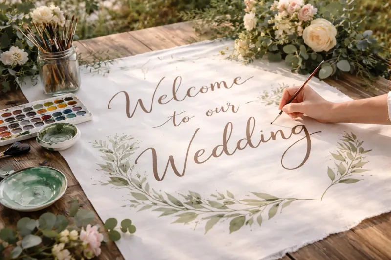 Hand painting a Welcome to our Wedding banner on fabric with watercolor paints and flowers on a wooden table